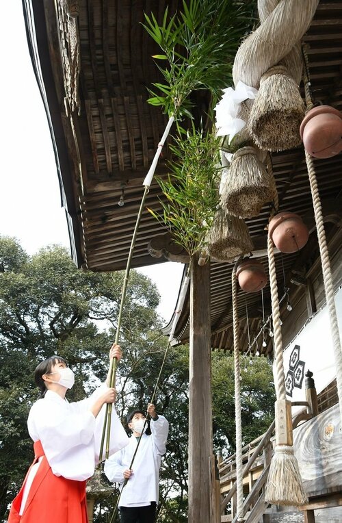 背丈以上ある長いササを使い、軒下にたまったほこりを払う文佳さん（左）と直弥さん＝２８日、倉吉市八幡町の倉吉八幡宮