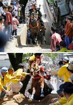 　多度大社の「上げ馬神事」で坂を駆け上がる馬（上、４日）と、２０１９年の神事で土壁越えに挑む馬＝三重県桑名市