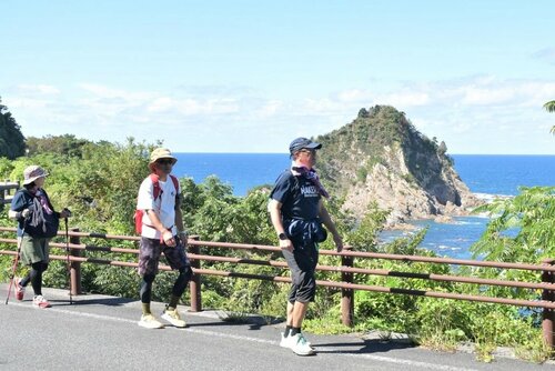 城原海岸の美しい地形を眺めながらウオーキングを楽しむ参加者＝５日、岩美町田後