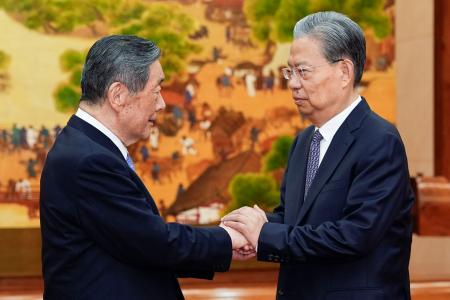 　中国共産党序列３位の趙楽際・全人代常務委員長（右）と握手する日中友好議員連盟の森山裕会長＝２９日、北京の人民大会堂（共同）
