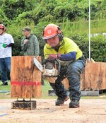 丸太の伐倒競技に挑戦する参加者＝２３日、鳥取市福部町湯山の鳥取砂丘オアシス広場