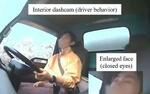 　研究チームが分析したドライブレコーダーの映像。運転手が目を閉じて居眠り運転をしている。右下は目を閉じた様子の拡大写真（塩見利明・広島大客員教授提供）