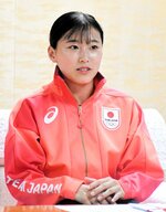 ロサンゼルス五輪挑戦を明言した三上選手＝２日、米子市役所