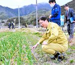 閑散期にニンニク栽培を行うナカバヤシ兵庫工場の畑を見学する高橋氏＝２０日、養父市大屋町笠谷