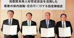 協定書を手にする平井知事（左から２人目）と経済団体の代表＝２２日、鳥取県庁