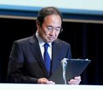 　記者会見するフジテレビの清水賢治社長＝３１日夜、東京都港区のフジテレビ