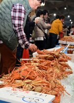 【品定め】
ゆでた松葉ガニやセコガニを品定めする来場者＝浜坂漁港