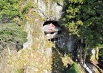 冬の日差しに輝く岩窟内の岩屋堂。杉木立に囲まれ７００年の歴史を伝える＝２１日、鳥取県若桜町岩屋堂