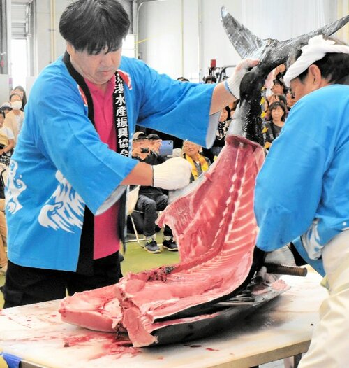 「境港水産まつり」で披露されるマグロ解体ショー＝昨年１０月１３日、境港市昭和町の鳥取県営境港水産物地方卸売市場
