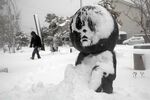 雪に埋もれる水木しげるロードの妖怪ブロンズ像＝24日午前10時18分、境港市大正町
