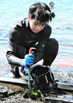 海中で捕まえたウニをバールで潰す生徒＝２０日、鳥取市青谷町長和瀬の長和瀬漁港