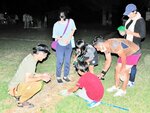 フォールドワークで虫を捕まえる参加者ら＝９月２８日夜、新温泉町千谷のおもしろ昆虫化石館