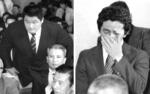 　１９８０年４月、モスクワ五輪ボイコット問題で日本の有力選手らが参加を求めた。涙ながらに訴えるレスリングの高田裕司（右）、柔道の山下泰裕＝東京・岸記念体育会館