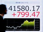 　４万１５８０円１７銭で取引を終えた日経平均株価を示すモニター。終値としての史上最高値を更新した＝９日午後、東京都中央区