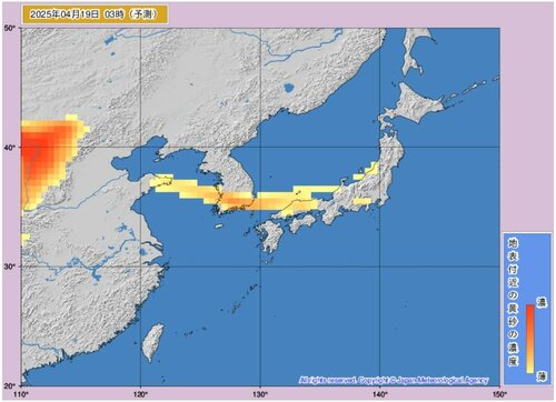 １９日午前３時の黄砂予測図（気象庁ホームページより）