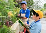 面白いと思った植物の絵を描く朝倉さん（左）と児童＝２１日、南部町のとっとり花回廊