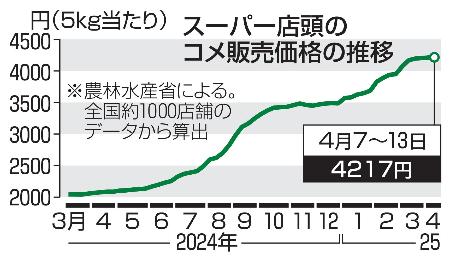 　スーパー店頭のコメ販売価格の推移