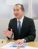 　取材に応じる航空連合の内藤晃会長＝東京都大田区