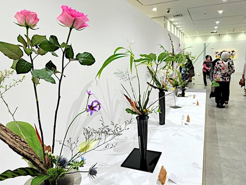 彩り豊かな生け花が並ぶ会場