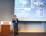 　事業戦略説明会で話す中国聯想（レノボ）グループ日本法人の檜山太郎社長＝２７日午前、東京都千代田区