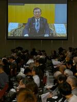 　改憲派の集会にビデオメッセージを寄せた石破首相＝３日午後、東京都千代田区