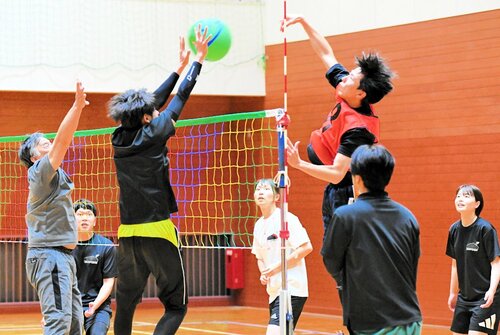 熱気のこもったプレーを繰り広げる選手たち＝１日、日吉津村日吉津の村農業者トレーニングセンター