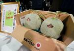 　初競りで２玉３００万円で落札された「夕張メロン」＝２４日午前、札幌市