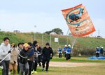 大勢にロープを引っ張られて浮かび上がる大だこの「龍神３号」＝１９日、米子市上福原の日野川運動公園