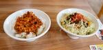 　ミャンマー人スタッフが開発した「シェーン丼」（左）と「ラペタミン」＝岐阜県土岐市