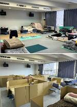　土足可能で粉じんが舞うことが懸念された避難所（上）。宮城県石巻市職員らによって泥が掃除され、段ボールベッドが並べられた＝２０２４年１月、石川県志賀町（石巻市提供）