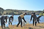 ごみを拾う釣り愛好家＝２６日、鳥取市福部町湯山
