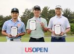 　男子ゴルフの全米オープン選手権出場を決めた（左から）香妻陣一朗、杉浦悠太、スコット・ビンセント＝タラオＣＣ