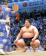 名古屋場所で勝ち名乗りを受ける伯桜鵬関。手術を受け、秋場所の休場を発表した＝ドルフィンズアリーナ
