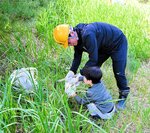 苗木のまわりを除草する参加者＝７日、鳥取市福部町湯山の「海潮音の森」
