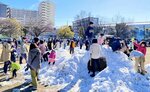 青空の下で新温泉町から届いた雪で遊ぶ子どもたち＝９日、神戸市兵庫区の兵庫駅南公園（町提供）