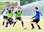 天皇杯１回戦に向けてトレーニングする普光院（左から２人目）らガイナーレの選手＝オールガイナーレＹＡＪＩＮフィールド