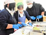講師のアドバイスを受けながらアジを三枚におろす生徒ら