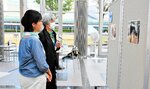中村医師の活動の様子を捉えた写真に見入る来場者＝１日、鳥取市のとりぎん文化会館