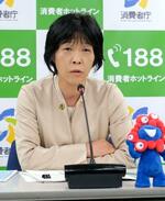 　記者会見する消費者庁の新井ゆたか長官＝８日午後、消費者庁