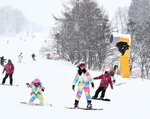 人工降雪機（右）も稼働させて雪を確保し、滑走可能となったゲレンデ＝８日、香美町村岡区大笹のハチ北スキー場