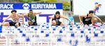 男子１１０㍍障害決勝　３位に入った藤井亮汰（右から２人目）、１３秒２８で優勝した野本周成（左端）、右端は２位の高山峻野＝ヤマタスポーツパーク陸上競技場