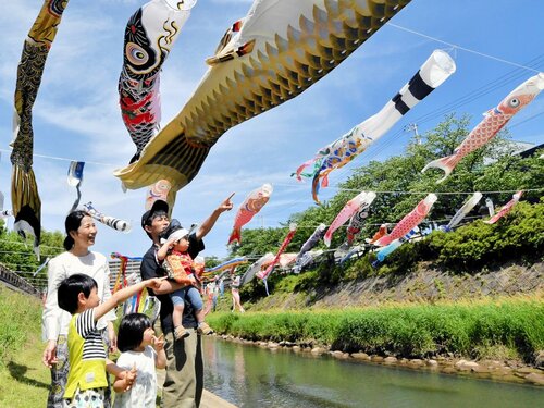 風の中を元気よく泳ぐこいのぼりを楽しむ親子連れ＝５日、鳥取市栄町の袋川