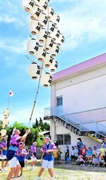 園児らの前で万灯を披露する啓成子ども万灯メンバー＝３日、米子市博労町３丁目