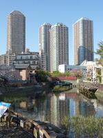 　掘割に影を映す高層マンション群と、佃小橋＝東京都中央区