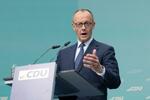 　２４日、ベルリンで記者会見するキリスト教民主・社会同盟（ＣＤＵ・ＣＳＵ）のメルツ氏（ゲッティ＝共同）