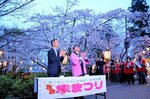 桜を照らすぼんぼりがともり、拍手で祝う出席者ら＝２４日、倉吉市の打吹公園