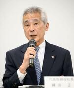 　４月に起きたＥＴＣ障害に関し記者会見する中日本高速道路の縄田正社長＝２日午後、名古屋市