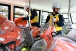 救命胴衣の数や大きさなどを細かく確認する署員ら＝２２日、岩美町大谷の山陰松島遊覧
