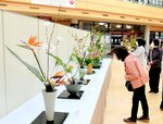色とりどりの花が生けられた作品が並ぶ会場