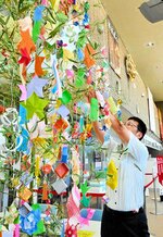 願い事を書いた短冊を自由に飾りつけることができる七夕飾り＝豊岡市岩井のコウノトリ但馬空港
